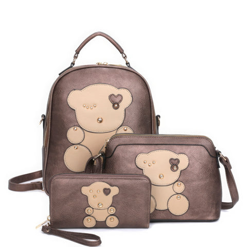 3in1 Cute Bear Design Handle Backpack W Crossbody And Wallet Set