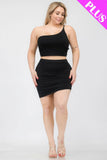 Plus Size One Shoulder Ruched Crop Top & Mini Skirt Set